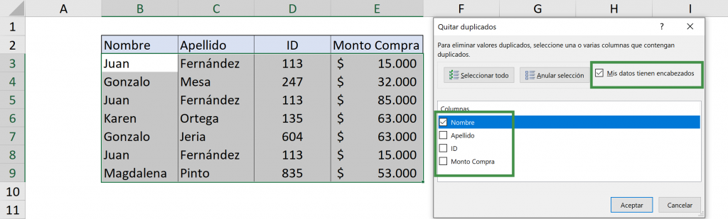 Elegir sólo una columna como criterio para eliminar duplicados en Excel