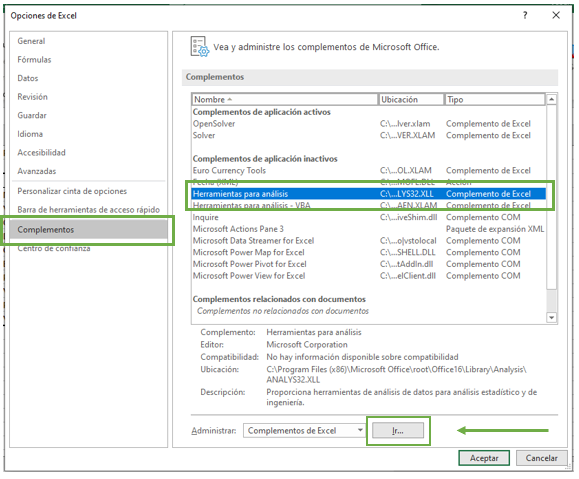 Complementos de Excel.