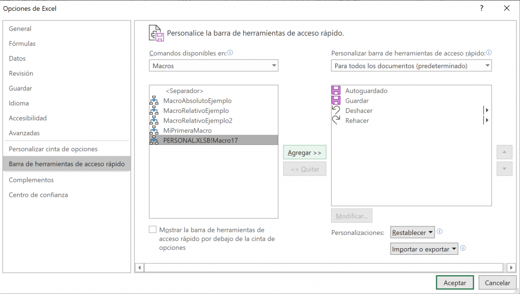 Pin bar: choose the macro to add