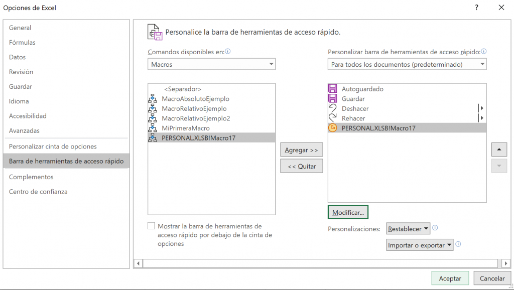 Anclar barra: click en aceptar para anclar macro a la barra