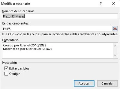 Modificar escenario Excel