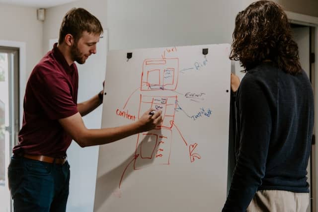 Person writing about Organizational Development on a whiteboard while another person pays attention.