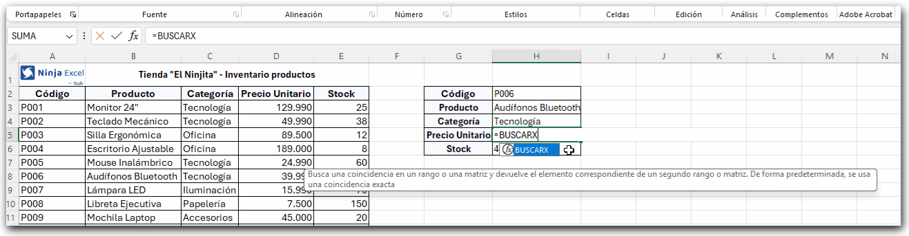 Aplicado a la tabla de productos BuscarV Aplicado a la tabla de productos BuscarV