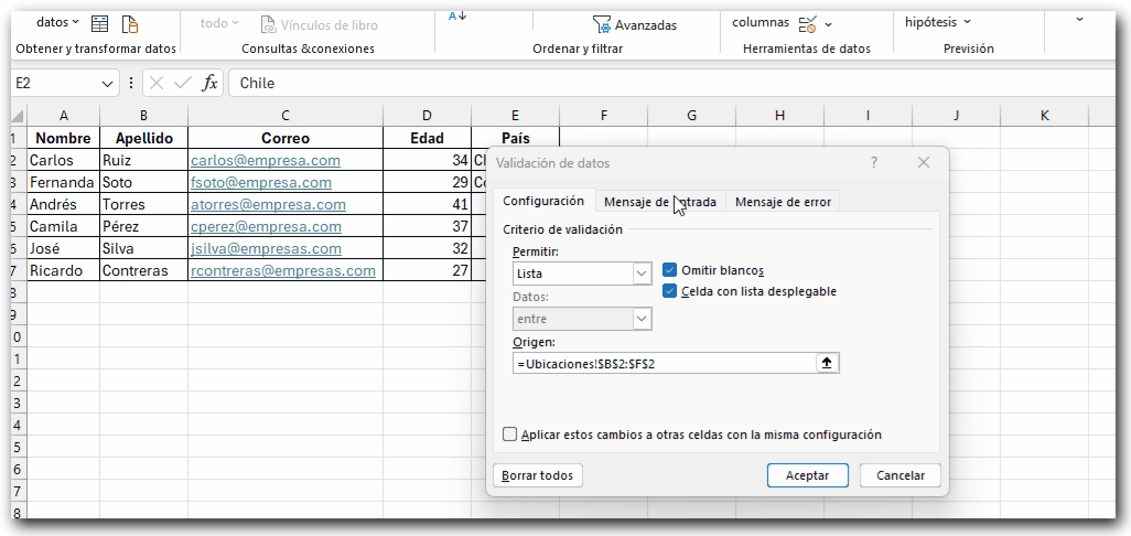 Mensajes de lista desplegable