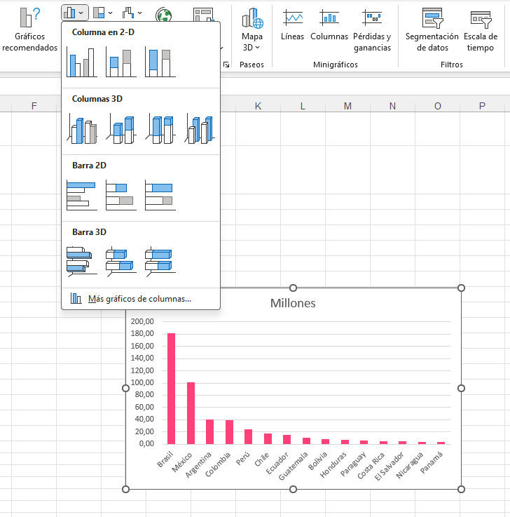 opciones de barras de herramientas en Excel 