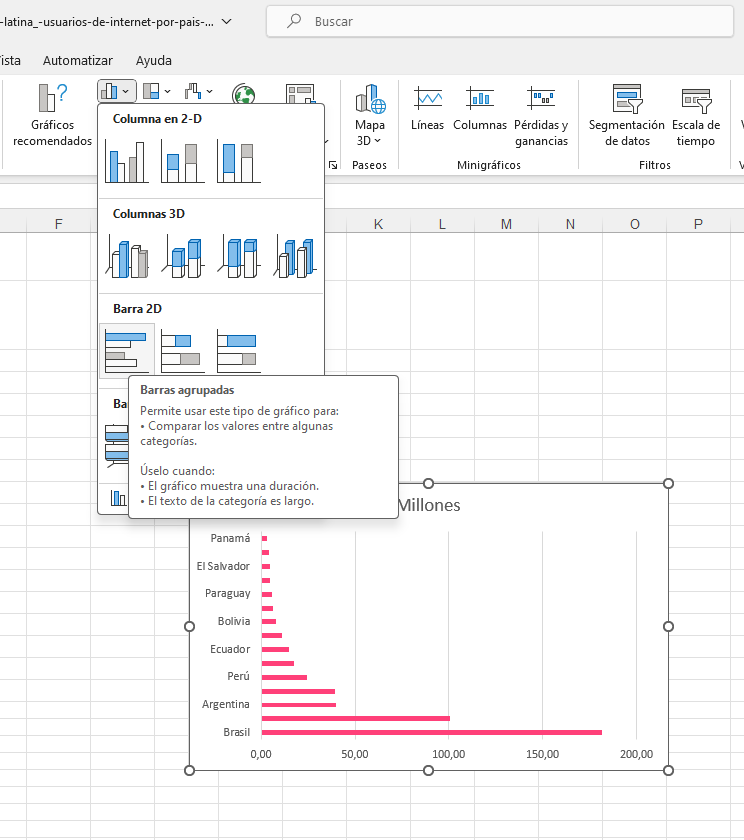 grouped bar chart option in excel