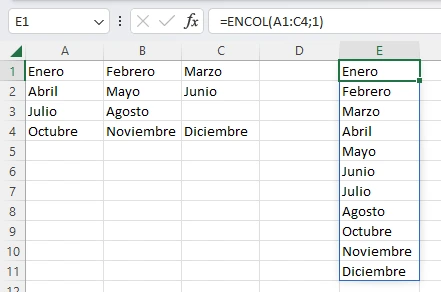 En esta imagen se continua el ejemplo para aplicar la función ENCOL que es parte de las nuevas funciones de Excel de 2023 