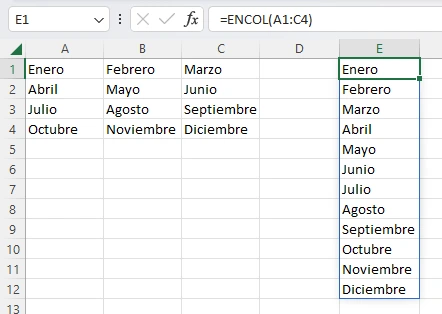 En esta imagen se continua el ejemplo para aplicar la función ENCOL que es parte de las nuevas funciones de Excel de 2023 