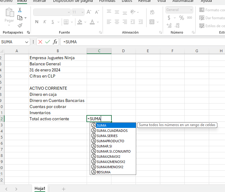 hoja de cálculo de Microsoft Excel con la función suma para hacer el balance general