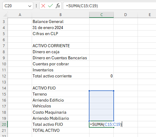 hoja de cálculo de Microsoft Excel con la función suma para hacer el balance general, calculando el total de los activos