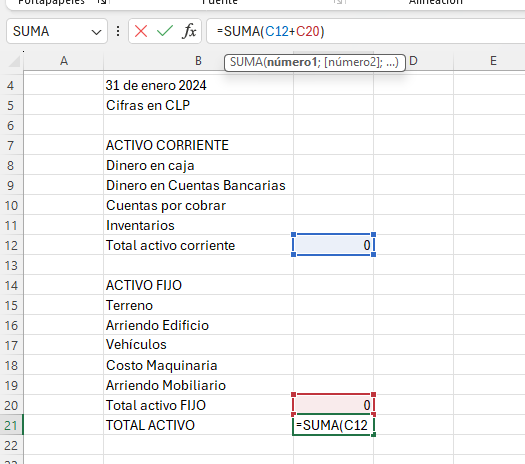 hoja de cálculo de Microsoft Excel con la función suma para hacer el balance general, calculando el total de todos los activos