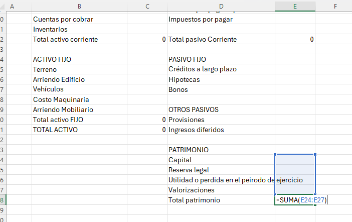 hoja de cálculo de Microsoft Excel con la función suma para hacer el balance general, calculando el patrimonio de una empresa