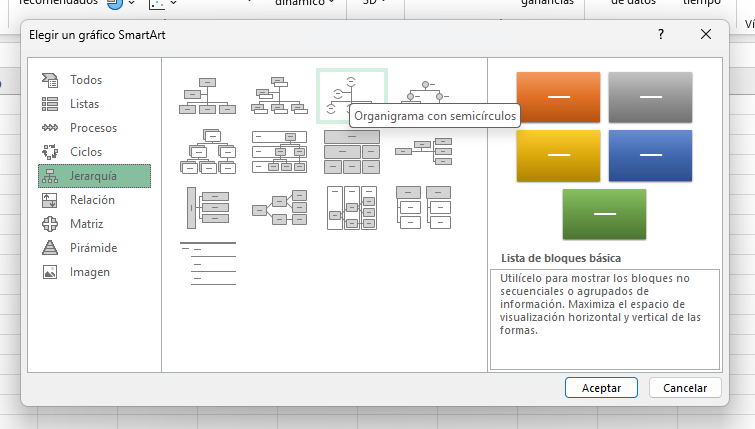 Los cuadros sinópticos en Excel puedes hacerlos en SmartArt, para ello debes ir a la opción llamada Jerarquía como se muestra en la imagen