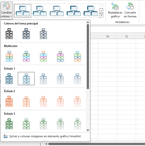 Diferentes estilos de SmartArt disponibles en Microsoft Excel
