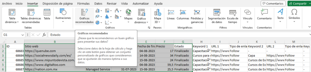 Es una captura de imagen de una barra de herramientas de Excel, en este caso vemos las opciones de "insertar"