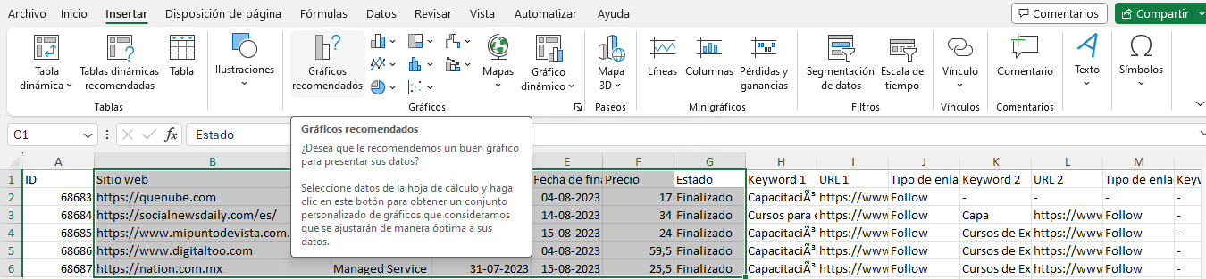 Es una captura de imagen de una barra de herramientas de Excel, en este caso vemos las opciones de "insertar"
