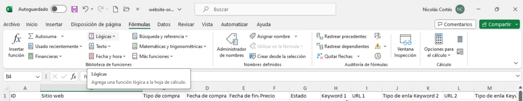 Captura de las barras de herramientas  de Microsoft Excel con formulas  