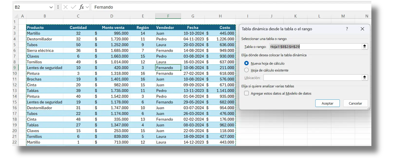 Selección datos para crear tabla dinámica