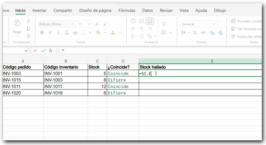 ¿Cómo usar la función BUSCARV para verificar coincidencias entre columnas? Ejemplo de uso: BuscarV para encontrar stock.
