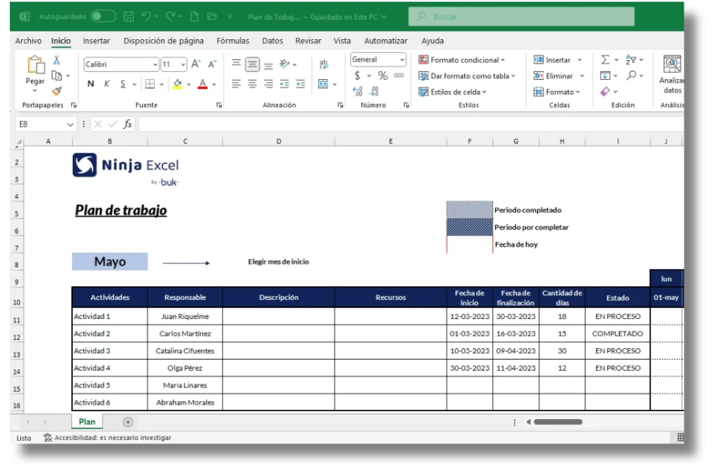 Ejemplo de plan de trabajo en Excel (descarga gratuita)