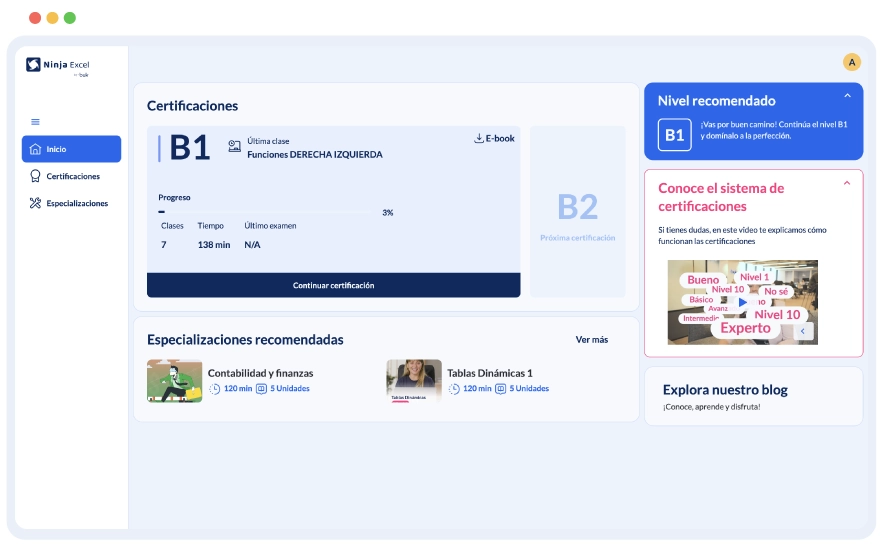 Vista de la plataforma Ninja Excel mostrando certificaciones y especializaciones de los Cursos de Excel para Datos y Analítica.