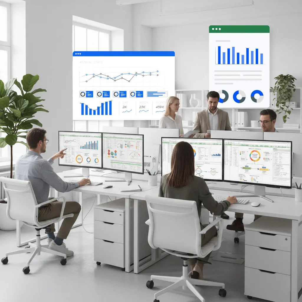 Equipo de trabajo utilizando la plataforma Ninja Excel para aplicar funciones y automatizar reportes en los Cursos de Excel para Datos y Analítica.