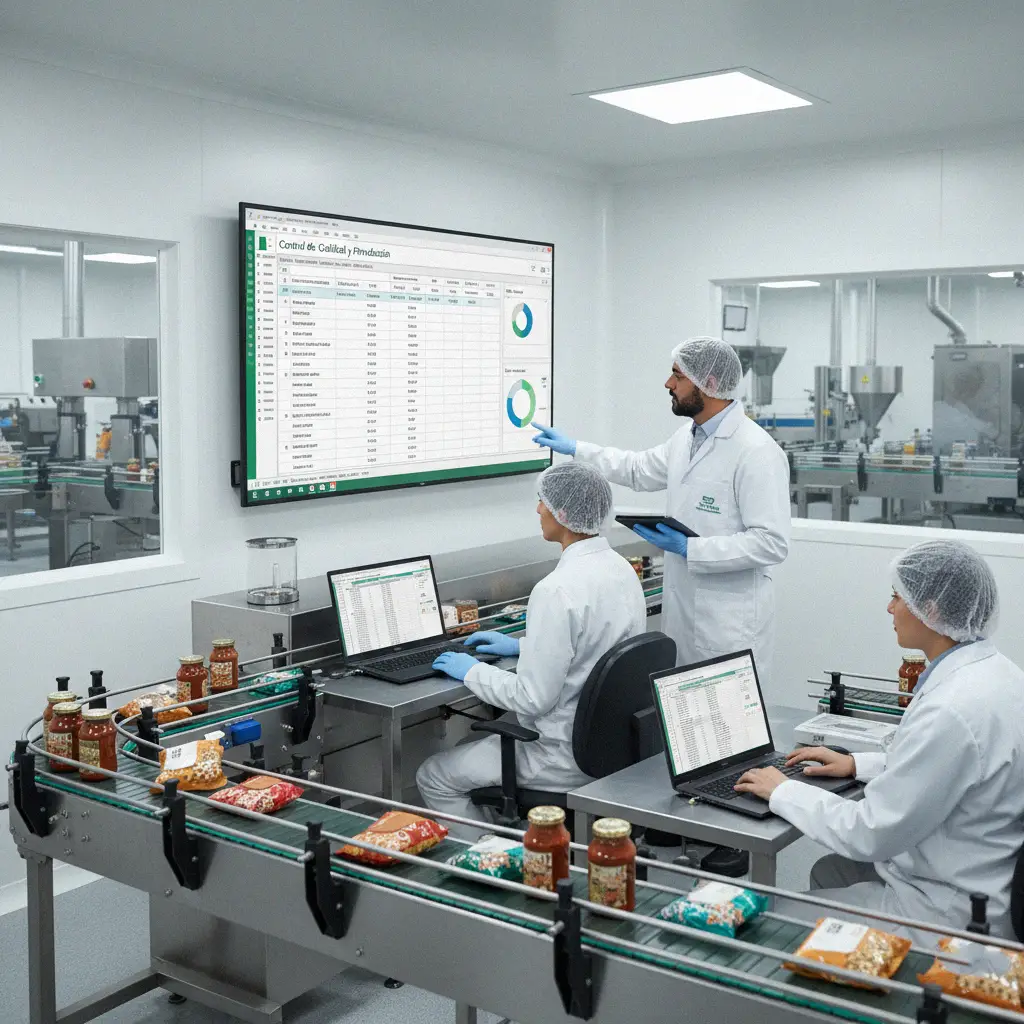 Ingenieros de calidad registrando y validando datos en Excel en una planta de alimentos, como parte de los Cursos de Excel para Manufactura y Producción.
