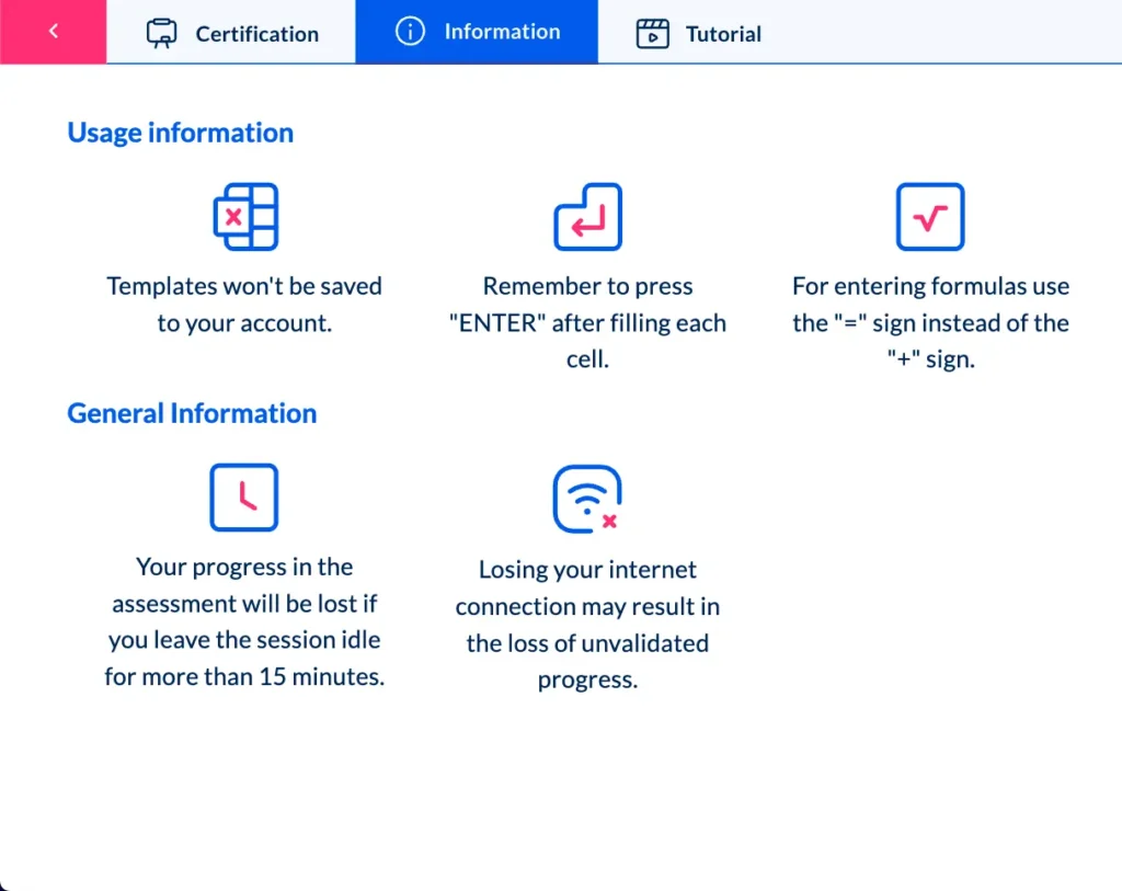 Enterprise Excel training platform showing in-platform guidance, usage information, and learning tips during certifications