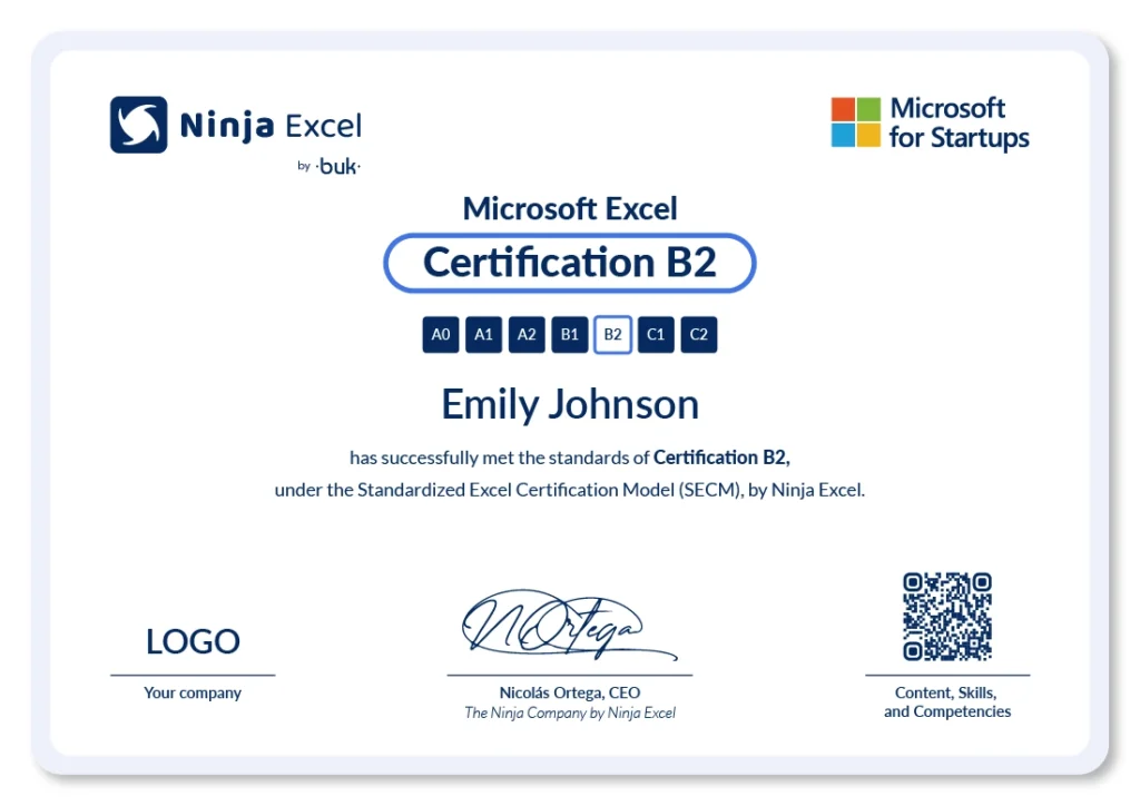 Excel Certification sample certificate under the Standardized Excel Certification Model (SECM) by Ninja Excel.