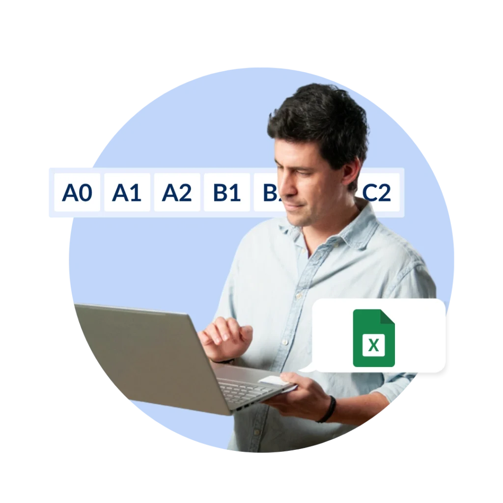 Employee taking an online Excel skills assessment with level indicators from A0 to C2