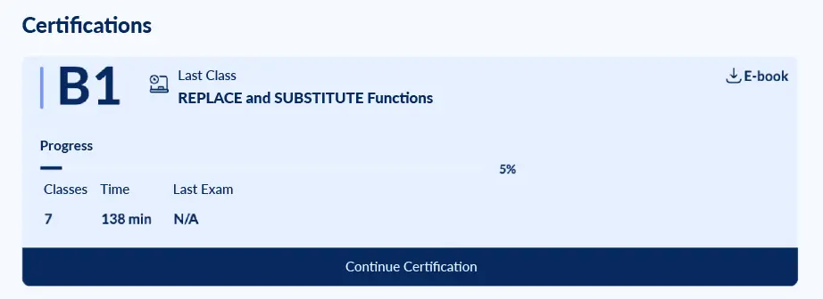 Learning by doing methodology showing continuous Excel learning progress with automatic validation and certifications