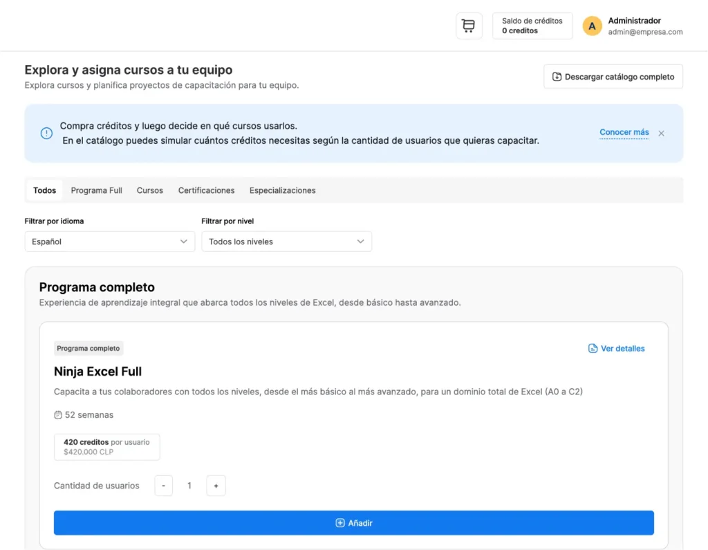 Catálogo de capacitaciones en el Perfil Administrador de Ninja Excel para explorar, comprar y asignar cursos al equipo