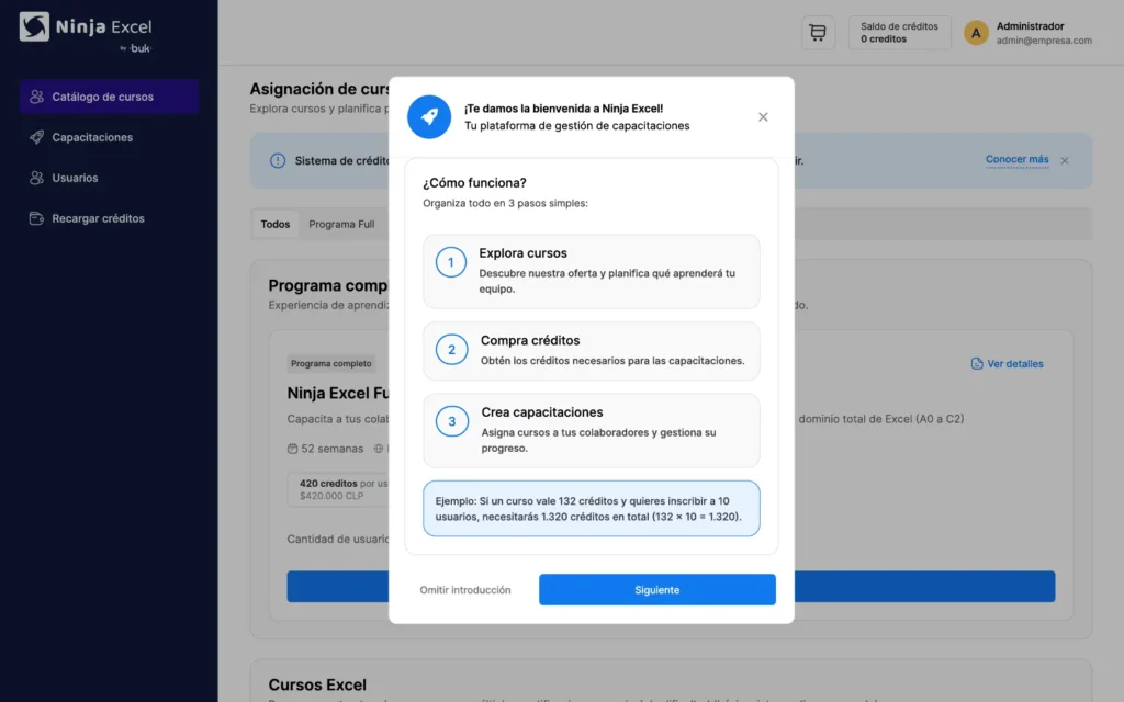 Perfil Administrador de Ninja Excel mostrando panel para gestionar capacitaciones, activar cursos e inscribir participantes