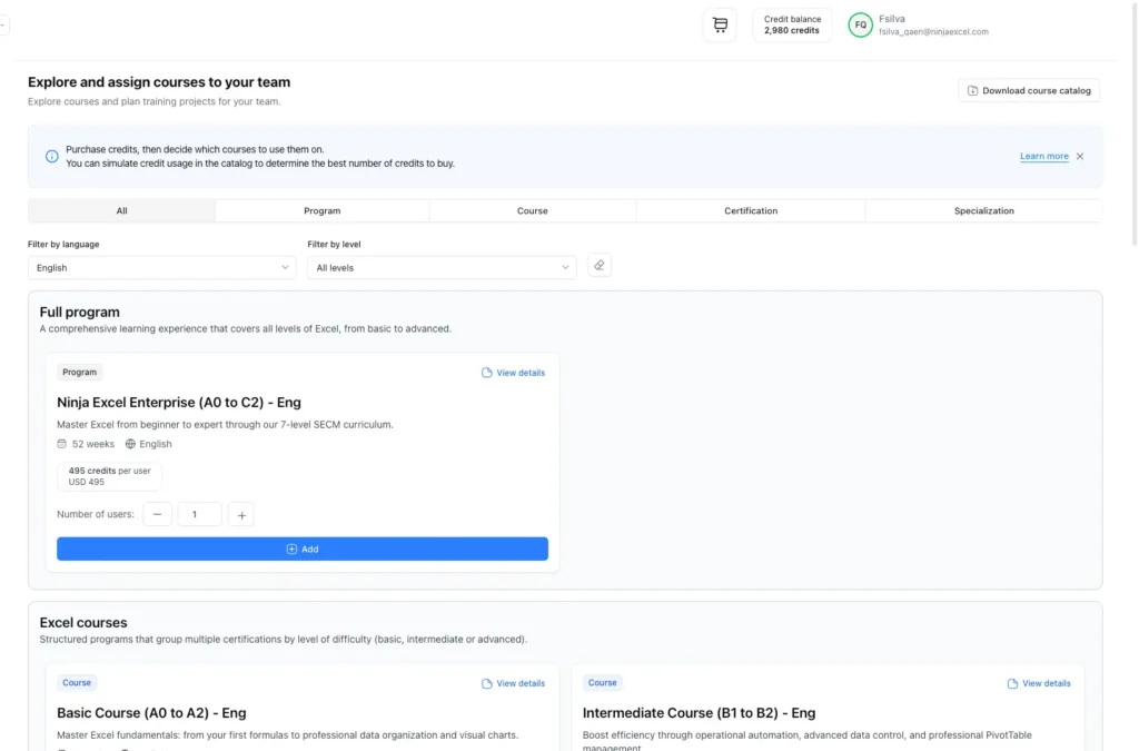 Admin Center training catalog to assign Excel courses and certifications to teams
