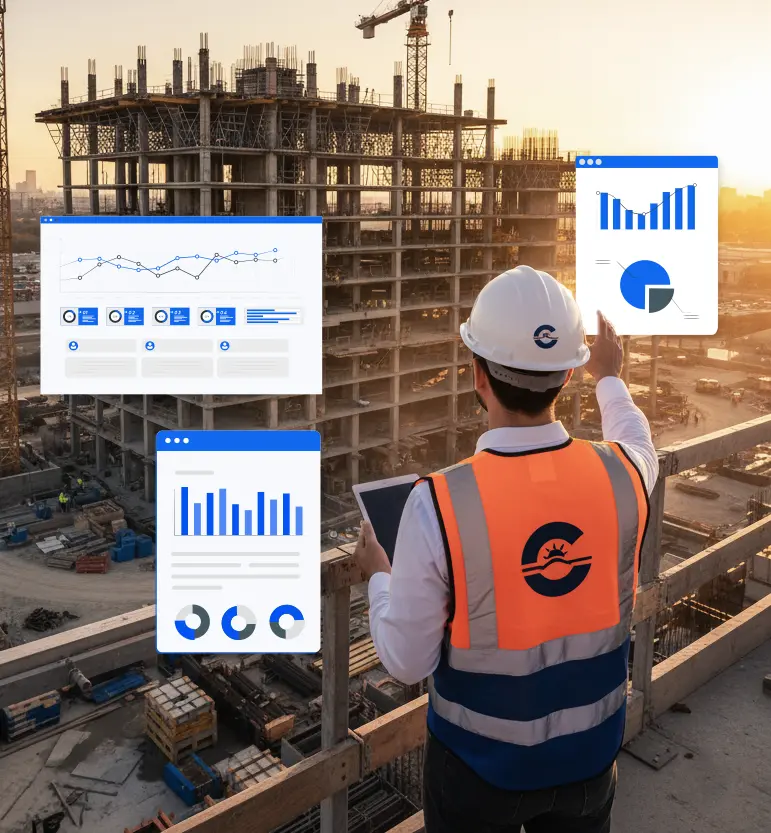 Excel training construction industry professional reviewing project progress and cost reports on a building site