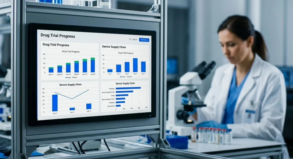 Pharmaceutical operations team reviewing production and compliance metrics in Excel