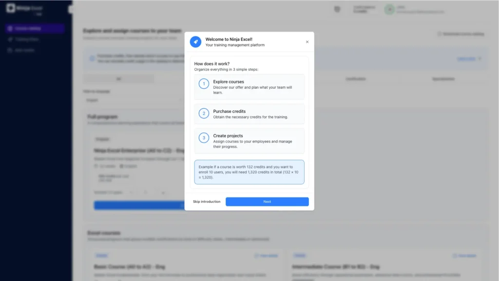 Ninja Excel Admin Center dashboard to activate course packages, enroll employees, and monitor training progress