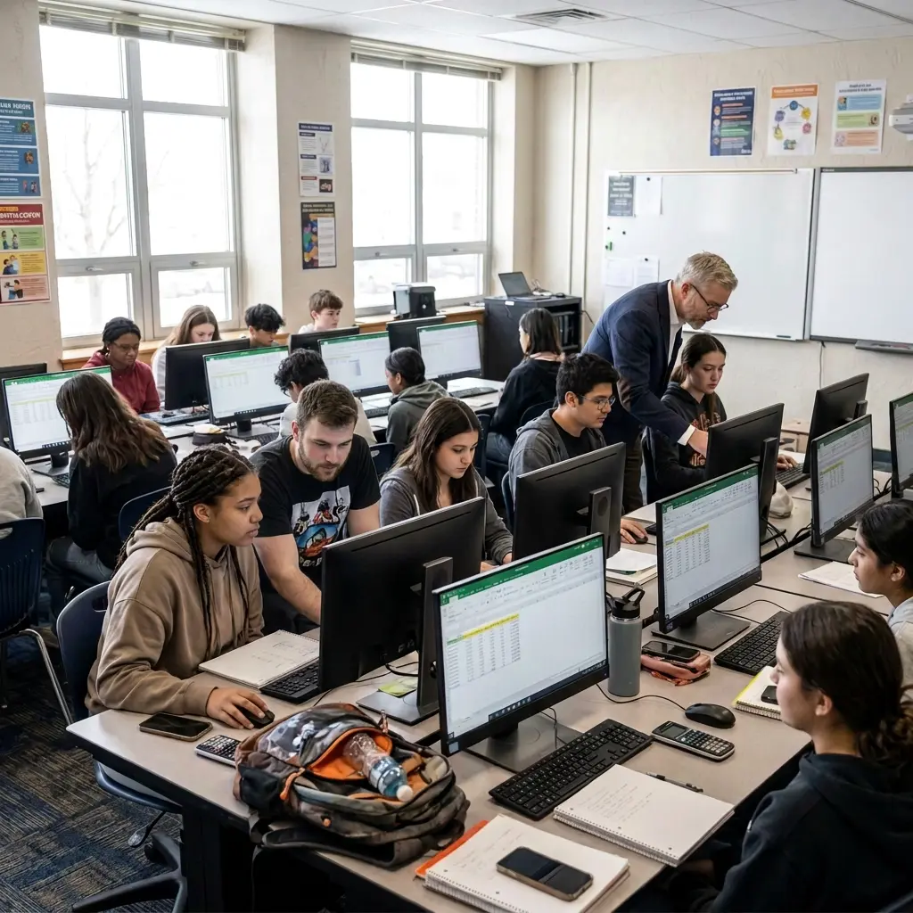 Students practicing Excel skills in a classroom for a CTE and business program