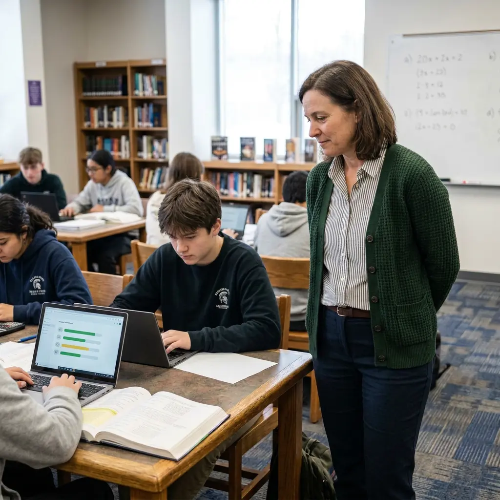 Teacher guiding students during hands-on Excel practice in a school classroom