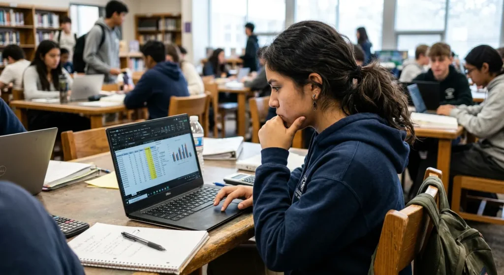 Student practicing Excel on a laptop during a YEL by Ninja project in a school library