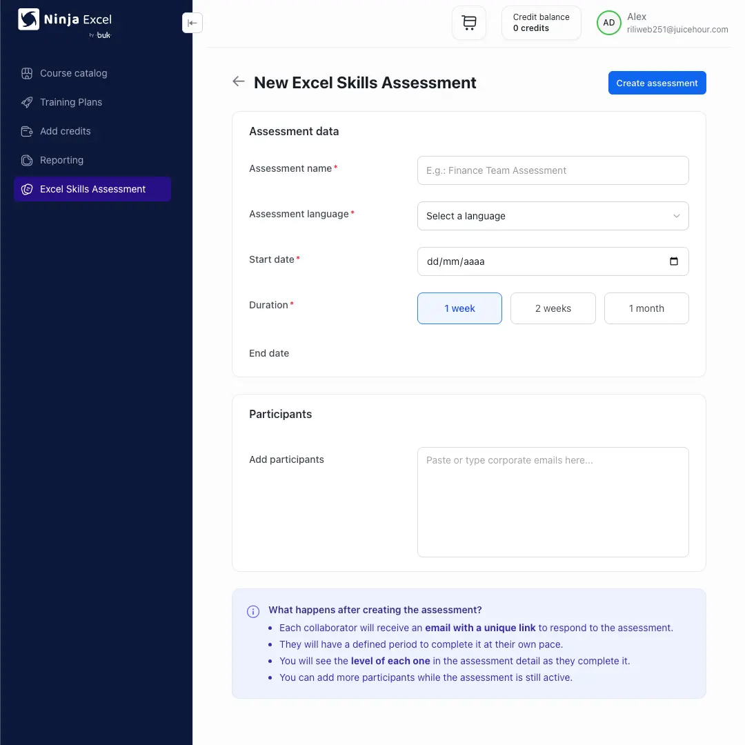 Form to create an Excel Skills Assessment in the Admin Center, with name, language, start date, duration and team emails