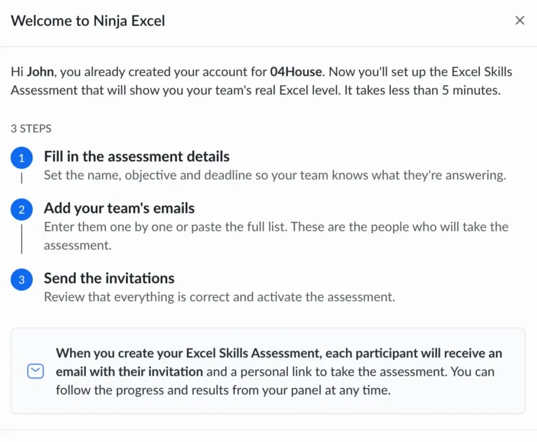 Ninja Excel welcome window in the Admin Center with the three steps to set up an Excel Skills Assessment
