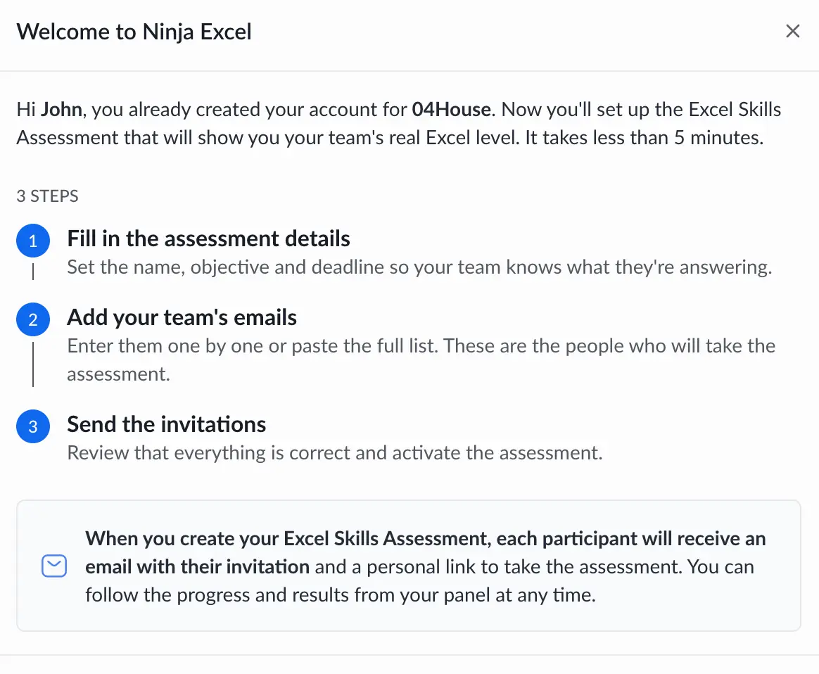 Ninja Excel welcome window in the Admin Center with the three steps to set up an Excel Skills Assessment