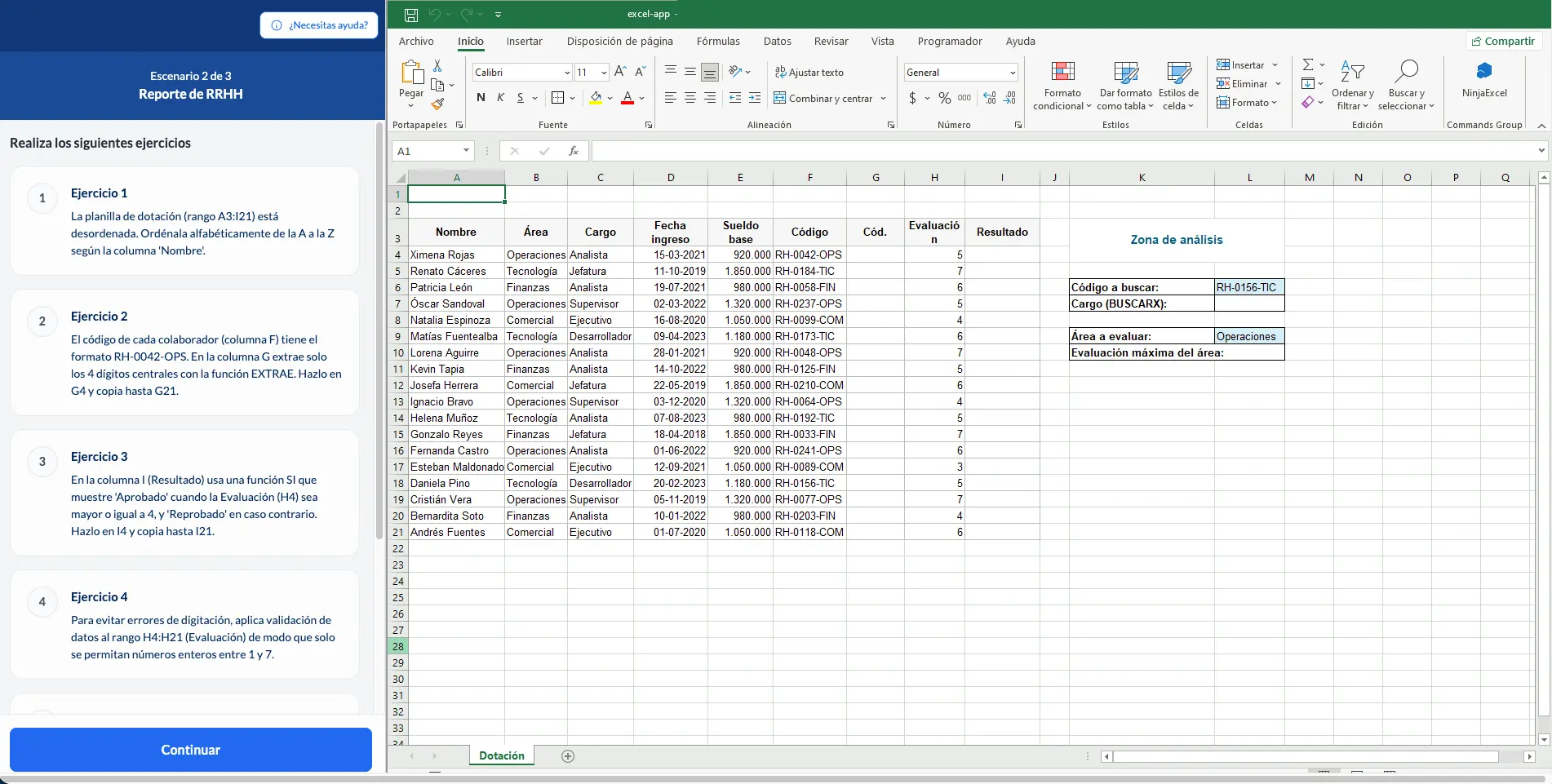 Caso de Recursos Humanos del Test diagnóstico resuelto en una planilla de Excel dentro de la plataforma de Ninja Excel